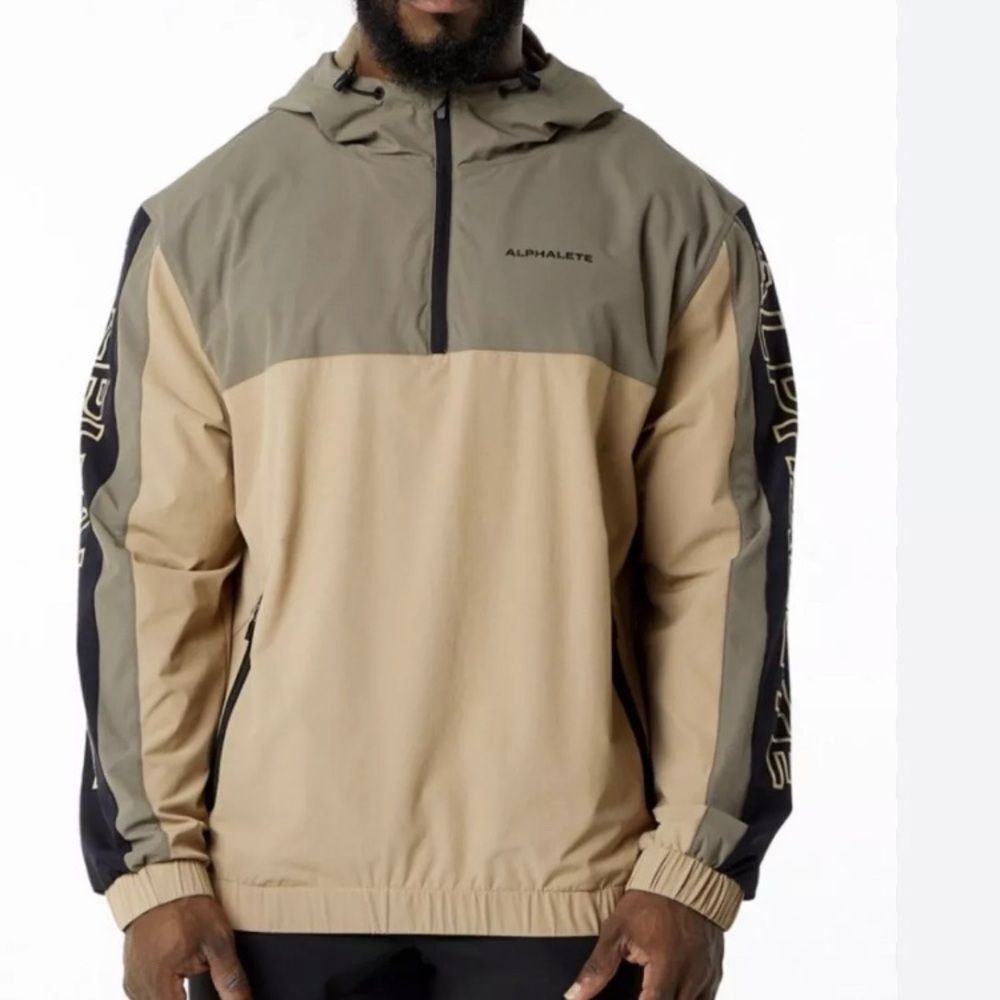 Alphalete Windbreaker‎ Jacket Mens Large Tan Olive Quarter Zip Hooded Pullover